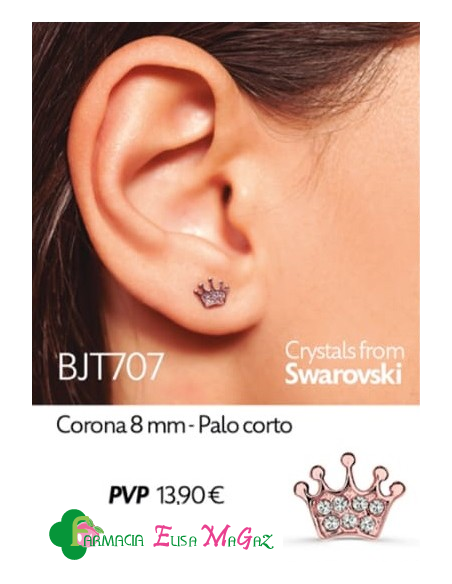 PENDIENTES BIOJOUX ACERO QUIRÚR CRISTALES SWAROSVKI CORONA 8 MM CHAPADO EN ORO ROSA 14K PALO CORTO
