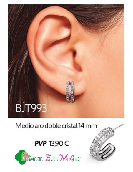 PENDIENTES BIOJOUX ACERO QUIRÚRGICO 316L MEDIO ARO DOBLE CRISTAL 14MM