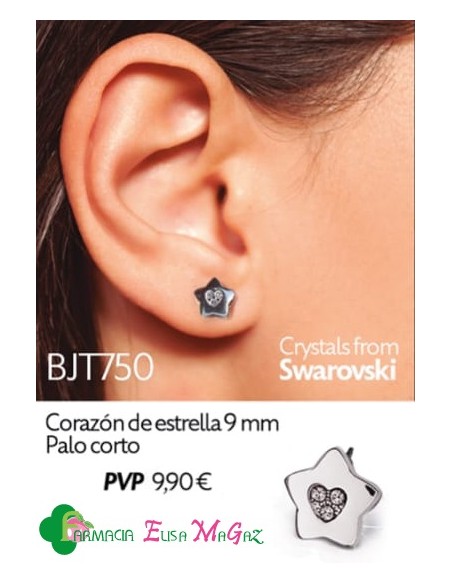 PENDIENTES BIOJOUX ACERO QUIRÚRGICO 316L CRISTALES SWAROSKI CORAZÓN ESTRELLA 9 MM PALO CORTO
