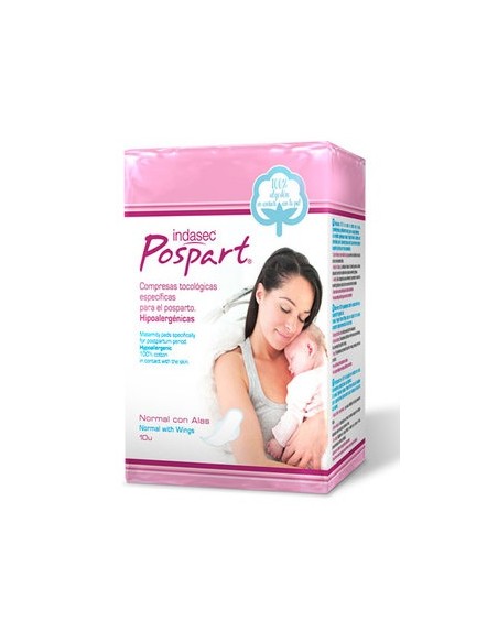 COMPRESAS HIGIENICAS FEMENINAS POSPARTO INDASEC ALGODON NORMAL CON ALAS 10 U
