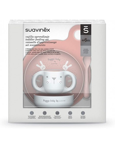 VAJILLA APRENDIZAJE SUAVINEX 5 PIEZAS APTO PARA MICROONDAS ROSA +6 MESES