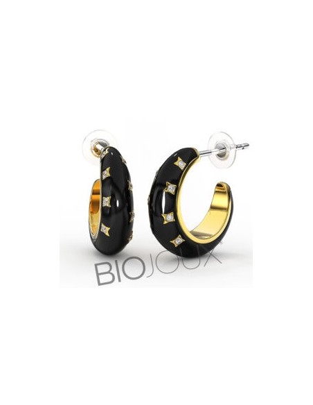 PENDIENTE ACERO QUIRURGICO BIO JOUX BERTHA NEGRO 16MM CHAPADO ORO 24K