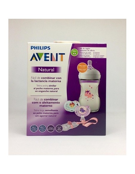 SET DE RECIEN NACIDO PHILIPS AVENT BIBERON Y CHUPETE CON CLIP NINA ROSA