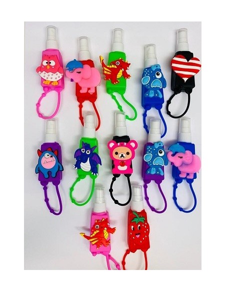 PORTA SPRAY PARA MOCHILA CON DIBUJOS VARIADOS RELLENO CON GEL HIDROALCOHOLICO 73 30ML 1 UD