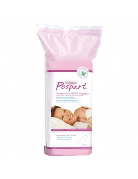 COMPRESAS HIGIENICAS FEMENINAS POSPARTO INDASEC ALGODON NORMAL CON ALAS 10 U